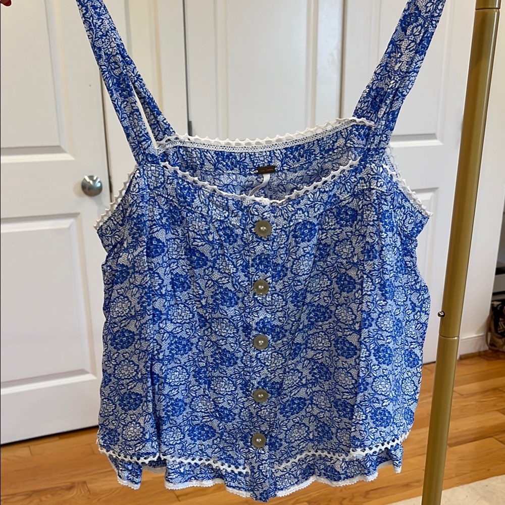 Free People Blue Floral Lace Trim Women's Semi Cropped Tank